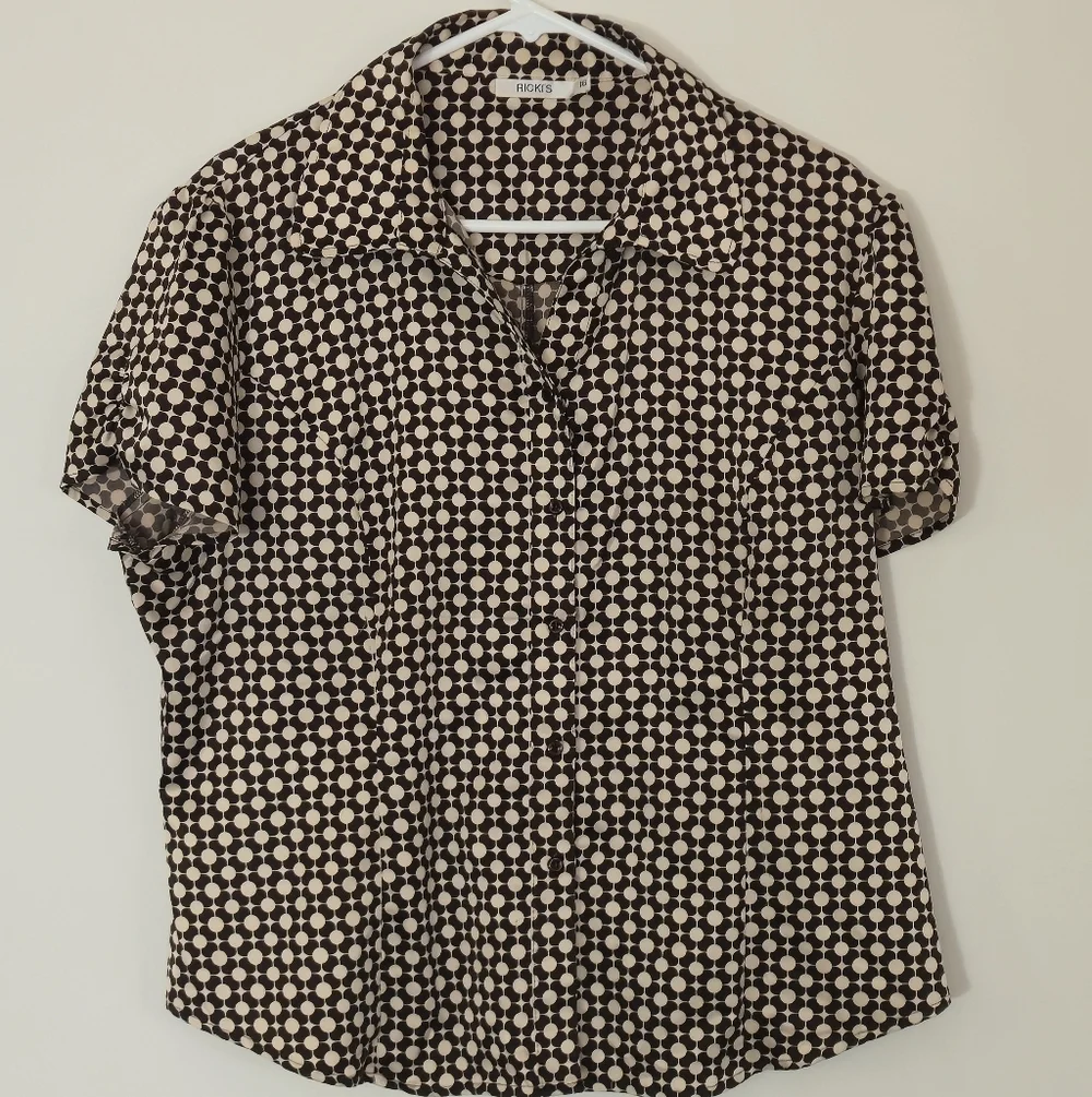 Rickis Size 16 Geometric Mod Print Brown Cream Button Down Blouse Short Sleeve 9 - Picture 2 of 13